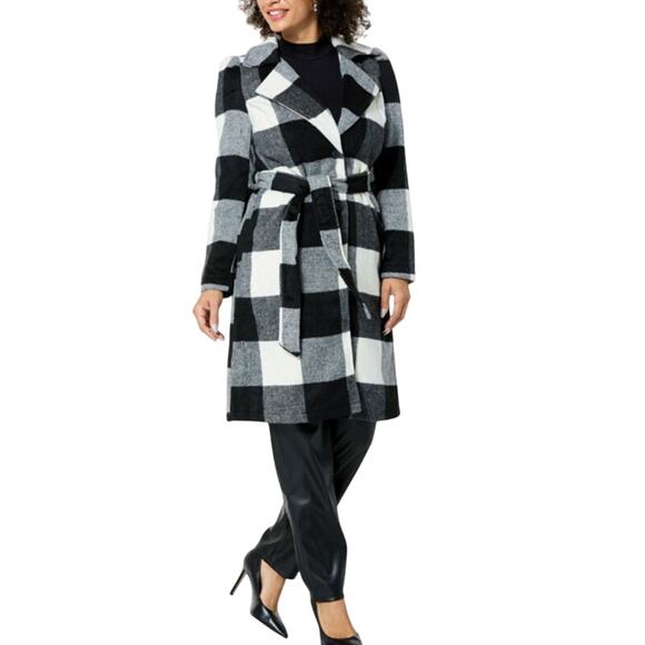 G By Giuliana Size XL Gingham Check Plaid Trench Coat Black Cream Belted Classic